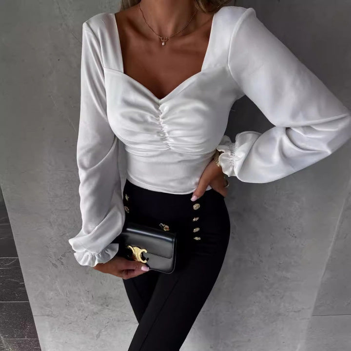 Dame Floral Print Rynk Langærmet Top Stilla
