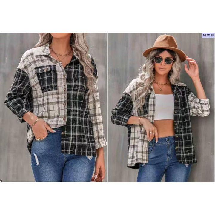 Dame Ternet Flannelbluse med Knaplukning og Brystlomme Stilla