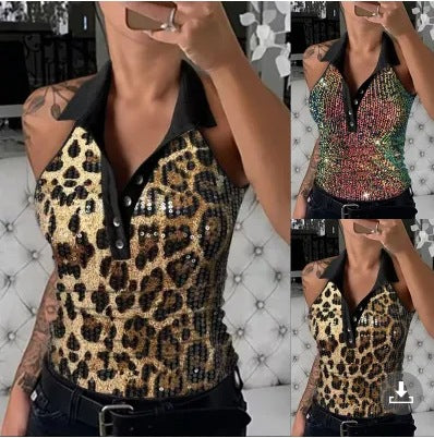 Dame Strassbesat Leopardmønster Top Stilla