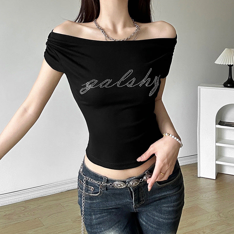Dame Crop-Top med smart skrift og glitrende rhinsten Stilla