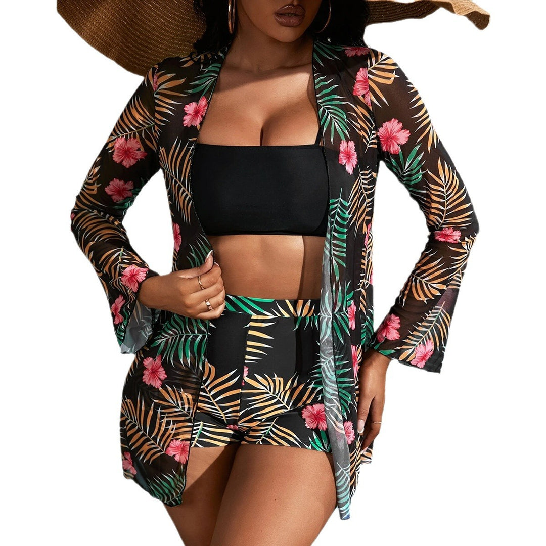 Dame bikinisæt med gennemsigtig cover-up og blomsterprint Stilla