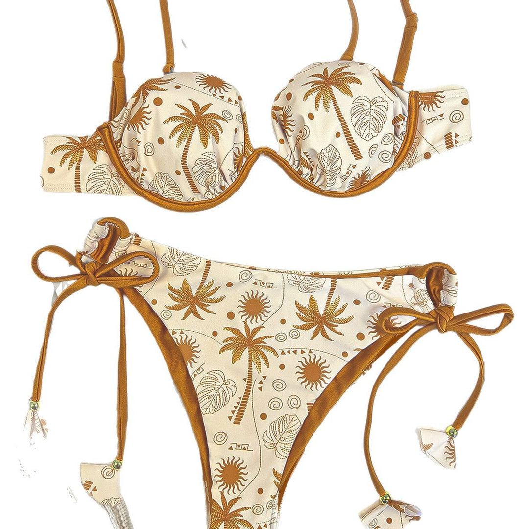 Dame triangel-bikini med dekorativ palmtryk og justerbare bindebånd Skovae