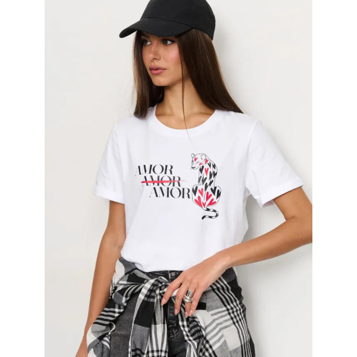 Dame T-shirt med styliseret dyremotiv og inspirerende skrift Stilla