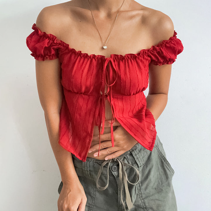 Dame Off-Shoulder Struktur Crop Top Stilla