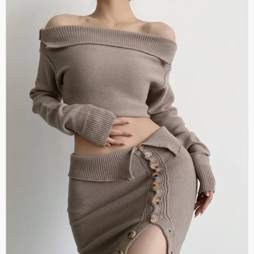 Dame Off-Shoulder Grovstrik Pullover og knaplukket Nederdel Sæt Stilla