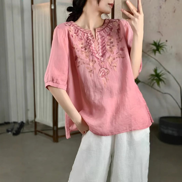 Femme Broderet Linned-Tunika-Overdel Stilla