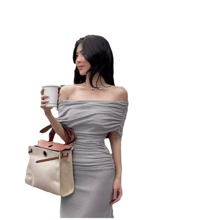 Dame Off-Shoulder Maxikjole med tætsiddende snit og rynk Stilla