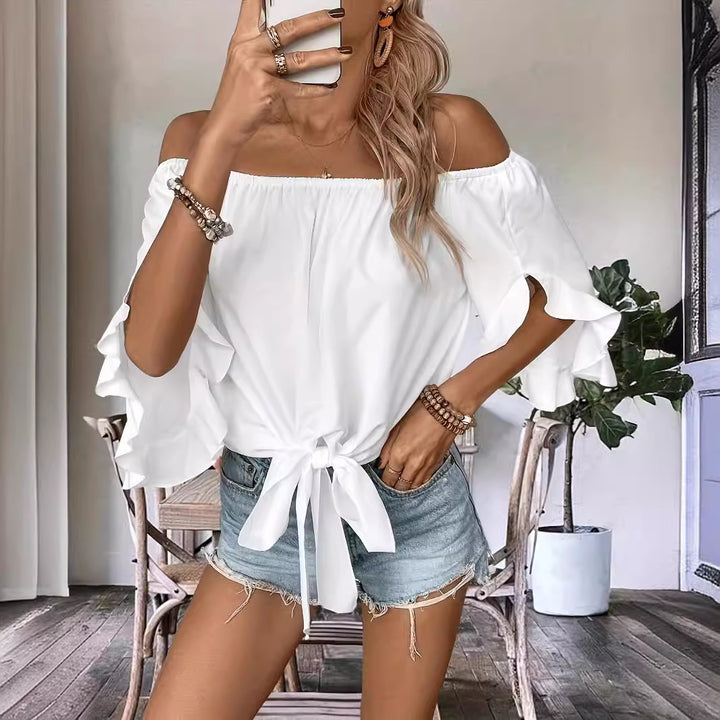 Dame off-shoulder bluse med flæsedetaljer og taljebinding Skovae