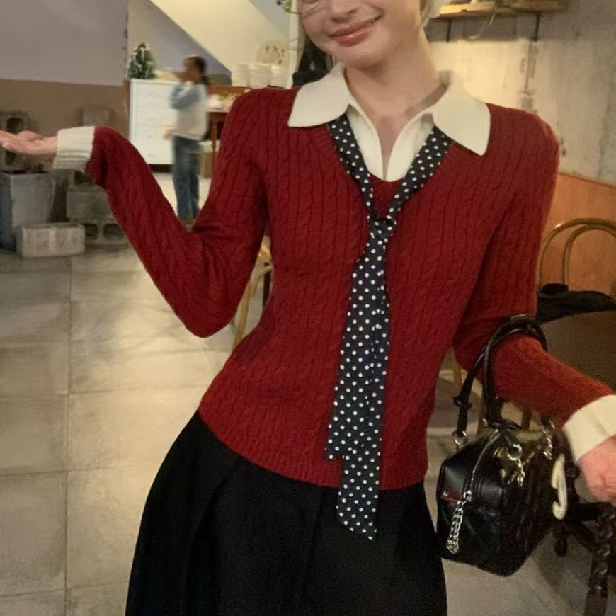 Kvinders Ribbet Strik Sweater med Skjorte Krave og Slips Stilla