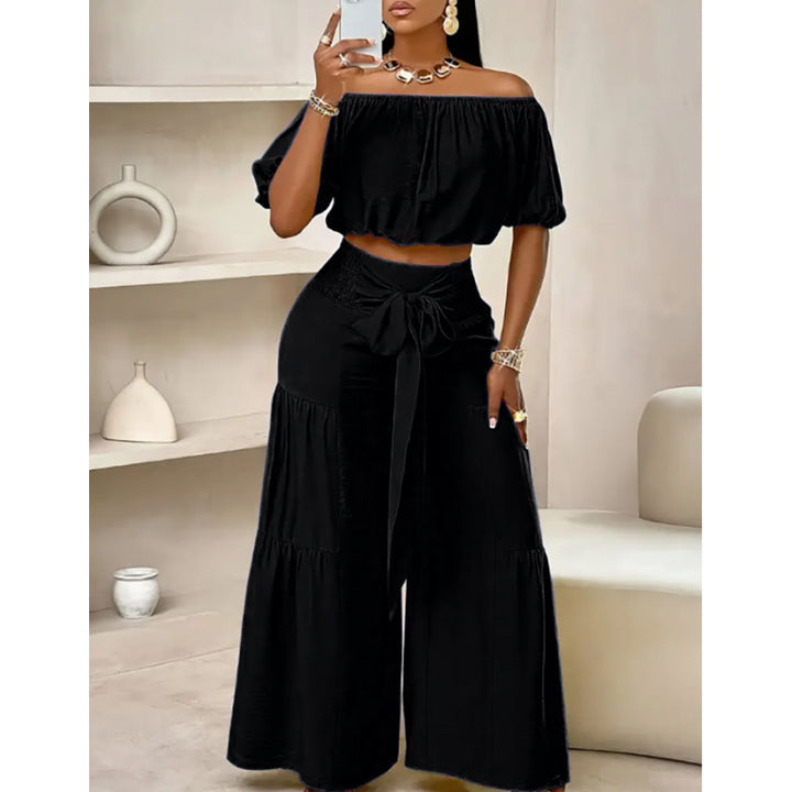 Dame Off-Shoulder Rynkede ærmer Top og bred Bukser Sæt Stilla