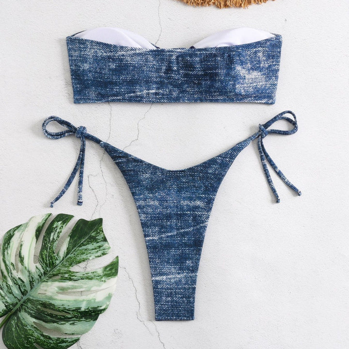 Dame Bandeau-bikini sæt med trendy denim-look og justerbare ekstra Stilla