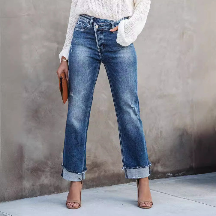 Dame High-Waist Jeans med afslappet Wide-Leg-snit og frynset ender Stilla