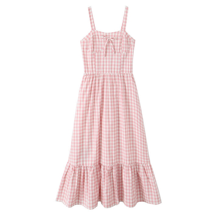 Femme Gingham Midi Kjole med Knude Front og Volang Kant Stilla