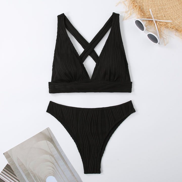 Dame Plunge Neck Plisseret Bikini Sæt Stilla