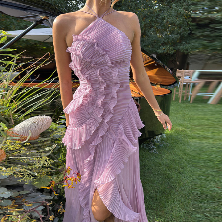 Dame Elegant plisseret maxikjole med asymmetrisk design Skovae