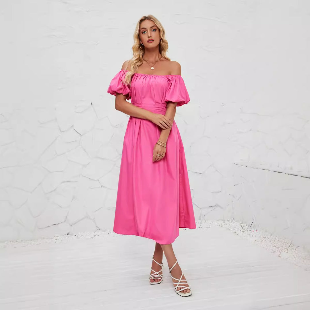 Dame Off-Shoulder Maxikjole med volumniøse puffærmer og tætsiddende snit Stilla