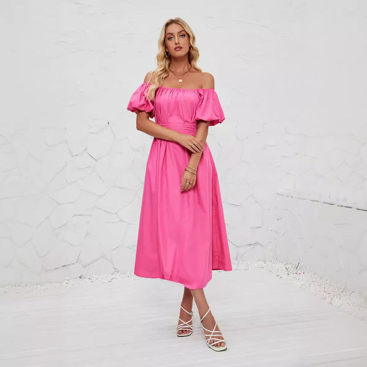 Dame Off-Shoulder Maxikjole med volumniøse puffærmer og tætsiddende snit Stilla