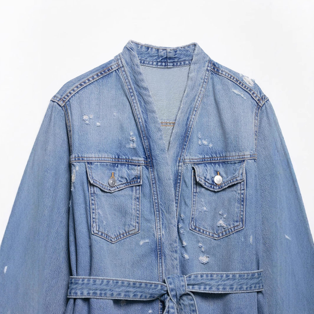 Dame Casual Distressed Denimjakke med bundet bånd Stilla