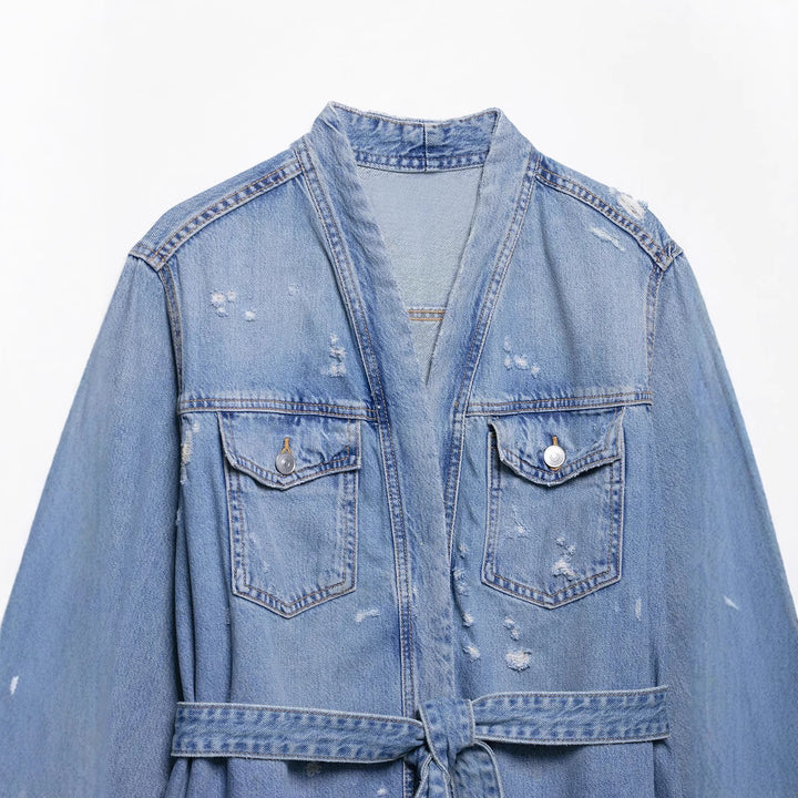 Dame Casual Distressed Denimjakke med bundet bånd Stilla