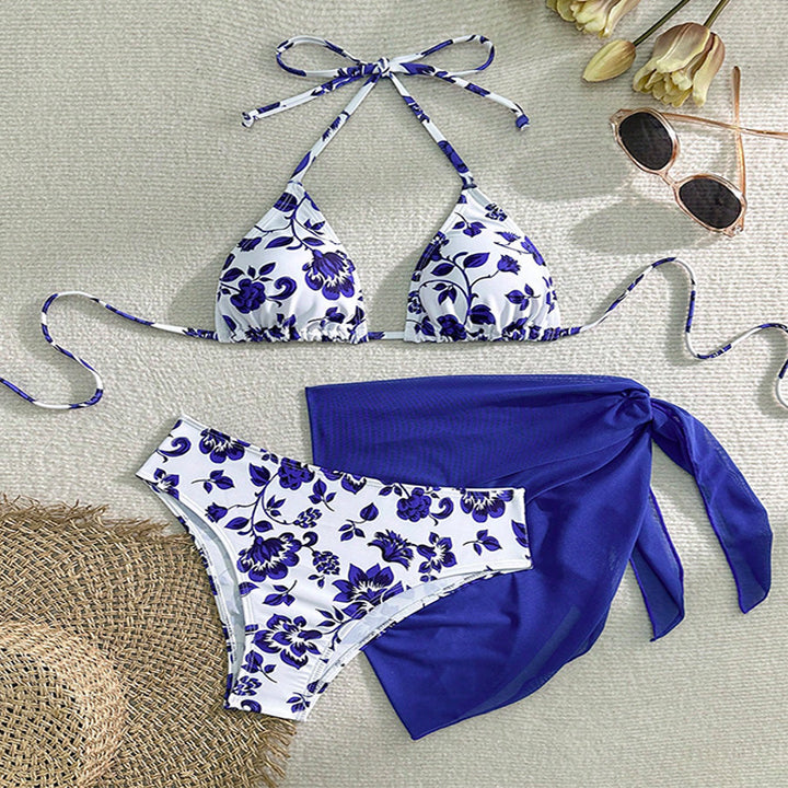 Dame triangel-bikini sæt med blomsterdesign og smart indpakningsklæde Skovae