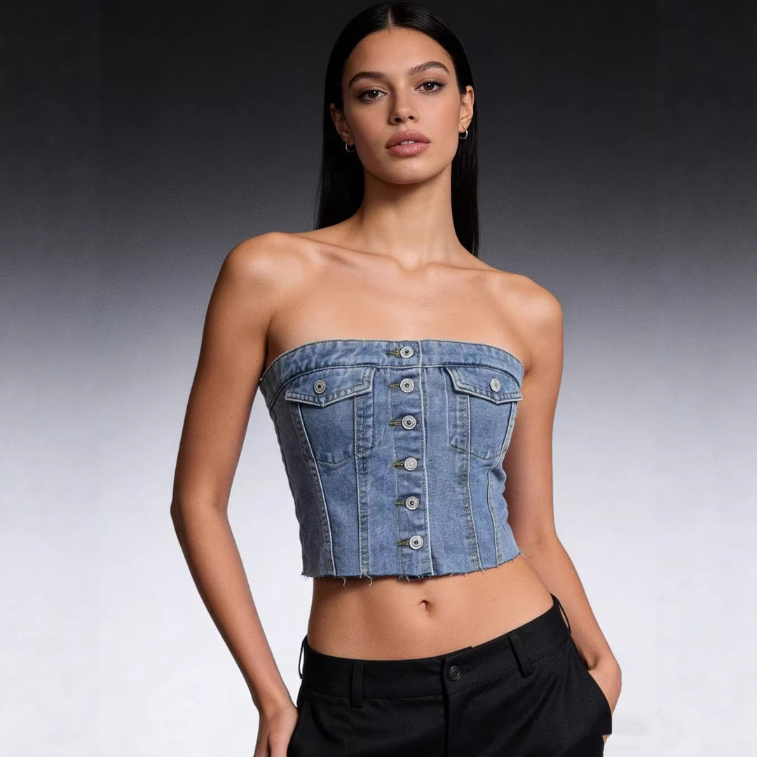 Dame Denim Bustier-top med knapdetalje og frynser Skovae