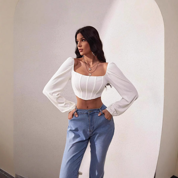 Dame Modisk Cropped Top med smart Fyrkantet Udsnit og Lange Ærmer Stilla