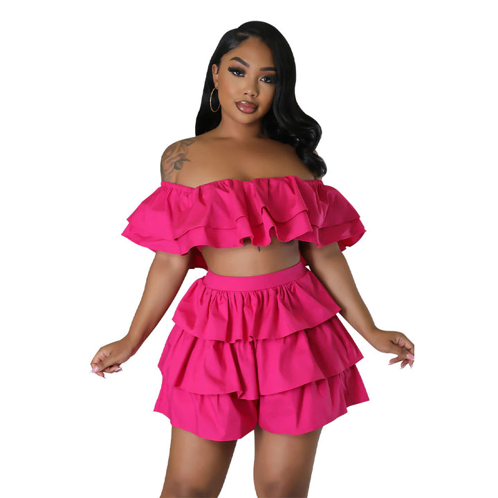 Dame Off-Shoulder Ruffle sæt med lagdelt nederdel og shorts Stilla
