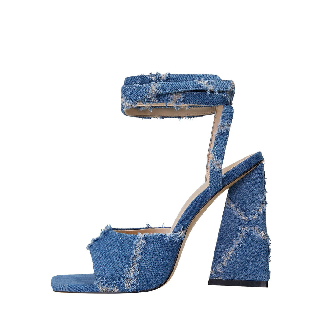 Dame Chunky Denim Hælsandaler med Ankelsnor Stilla