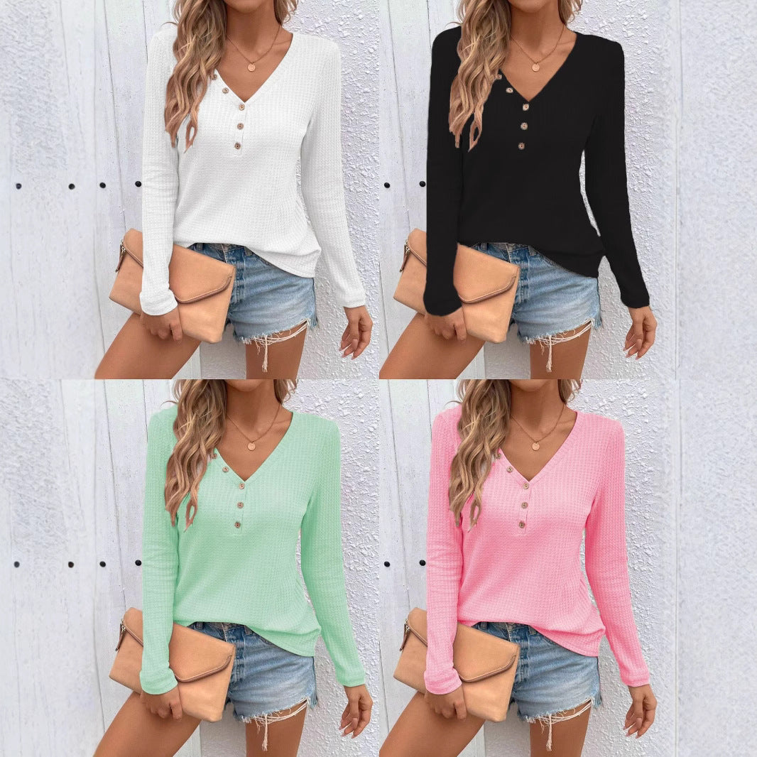 Dame stretch V-hals sweater med knapper Stilla