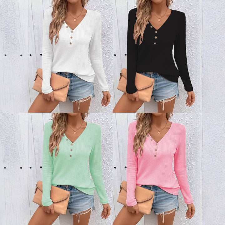Dame stretch V-hals sweater med knapper Stilla