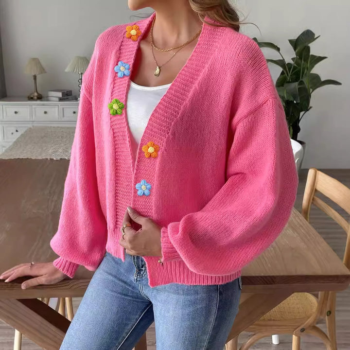 Dame Trendy Strikjakke med farverige Blomsterapplikationer Stilla