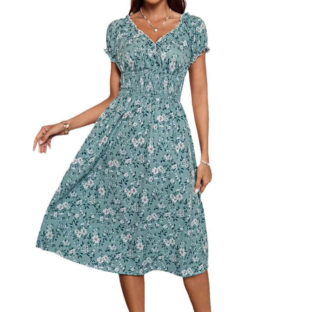 Dame Blomster Midikjole med elastisk Taljeindsats og Ruffles Detaljer Stilla