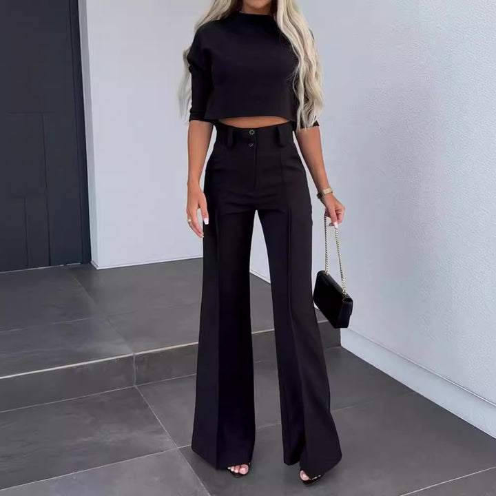 Damer Elegant To-Deljede Blazer Sæt med Høj Talje Bukser og Moderne Crop Top