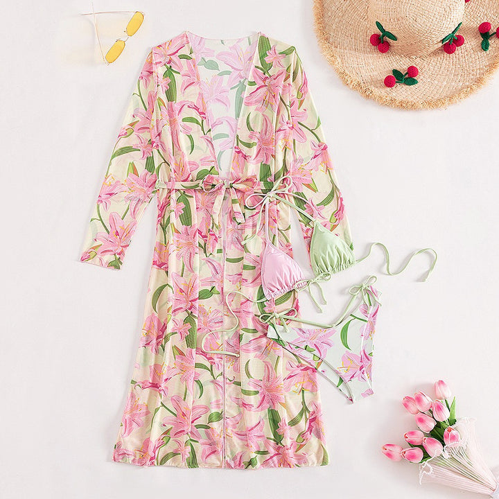 Dame Strandkimono med floral mønster og talje snøring Stilla