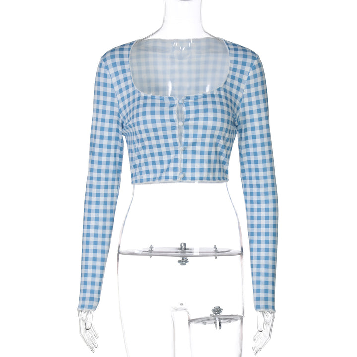 Dame cropped langærmet bluse med ternet mønster Skovae