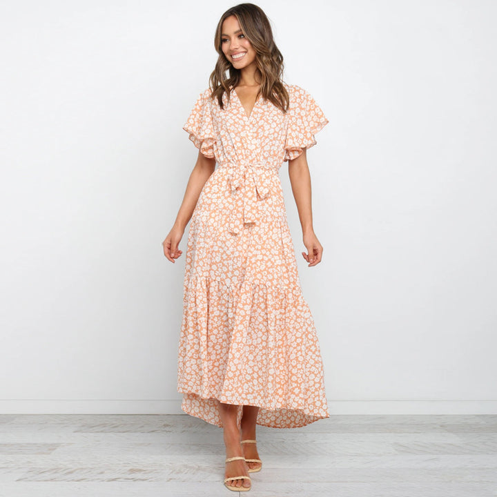 Femme Floral Vaffel Maxikjole med Flæser Stilla