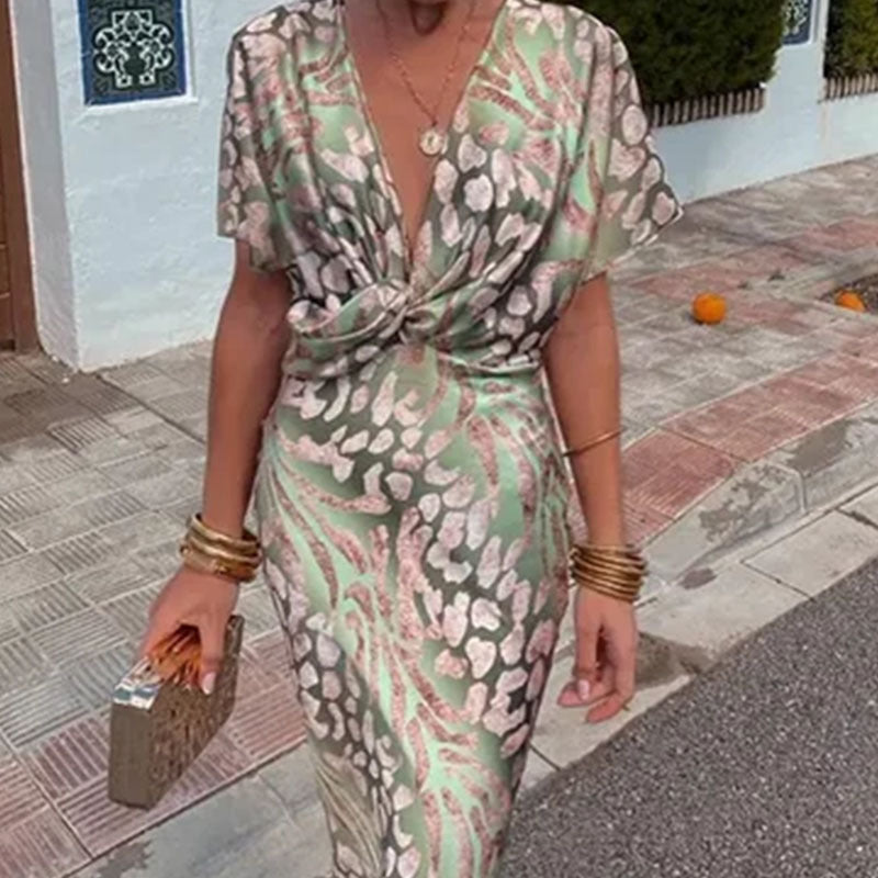 Dame elegant wrap kjole med smart knudedetalje og dyb V-udskæring Stilla