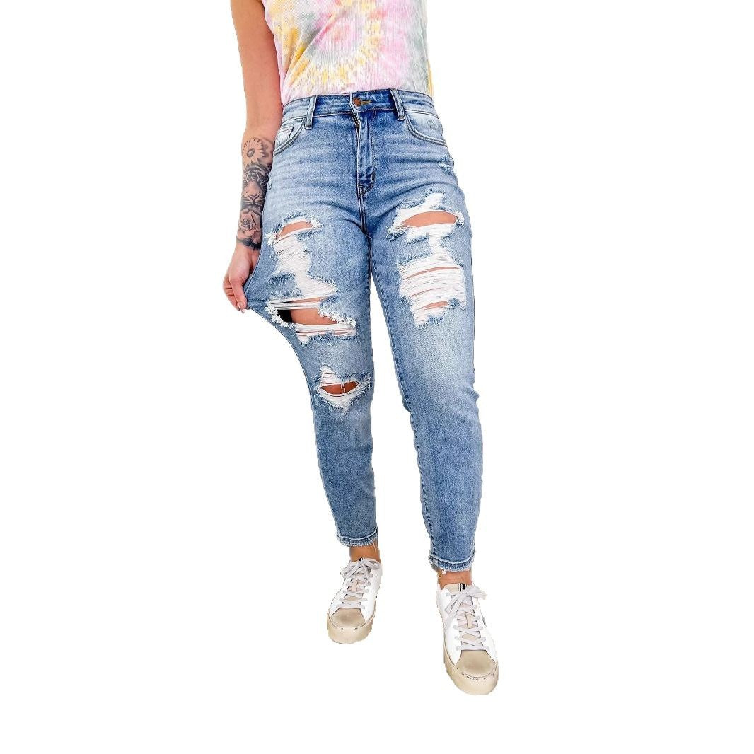 Dame skinny jeans med trendy slidt udseende og elastisk talje Skovae
