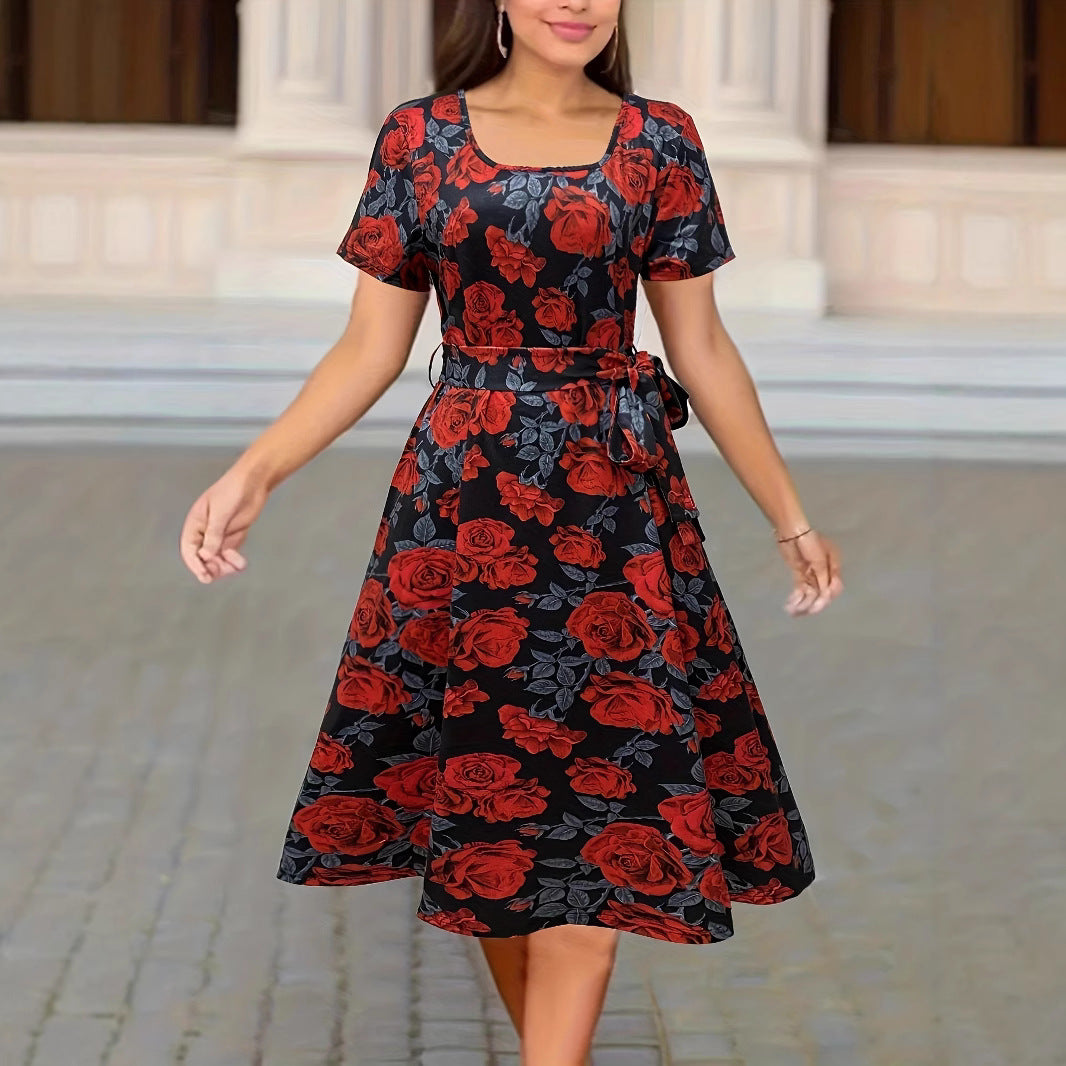 Dame Elegant silke kjole med blomsterdesign og figursyet bælte Stilla