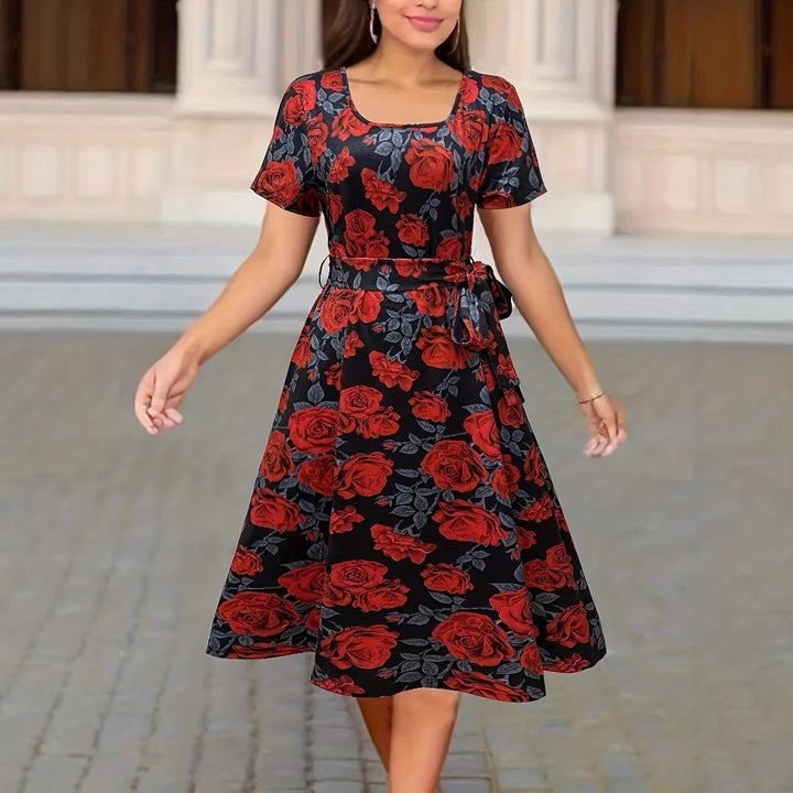 Dame Elegant silke kjole med blomsterdesign og figursyet bælte Stilla