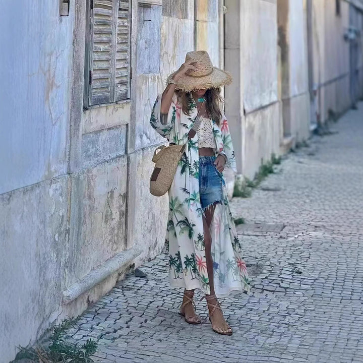 Dame Sommerlig Strandkimono med blomsterprint og afslappet snit Stilla