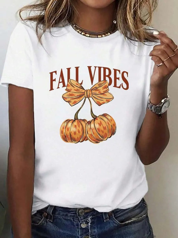 Dame T-shirt med stilfuldt græskar-motiv og spændende dyreprint Skovae