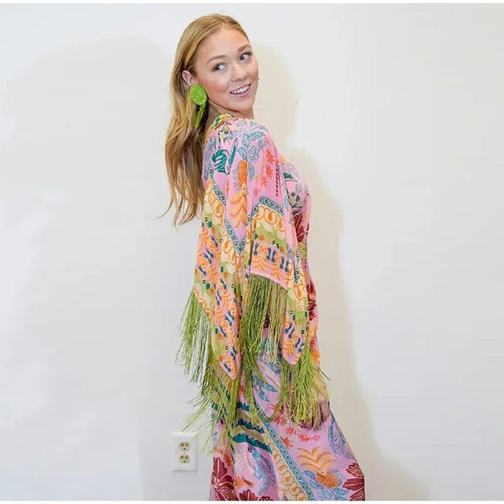 Femme En-skulder Blomst Maxi Kjole med Frynse Detaljer Stilla