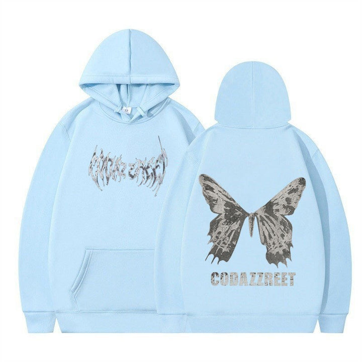 Kvinders hoodie med iøjnefaldende sommerfugl design og kunstnerisk skrift Skovae