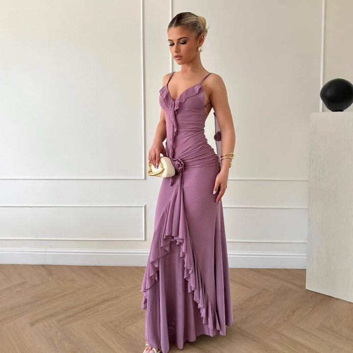 Dame elegant maxikjole med flæser og tætsiddende snit Stilla