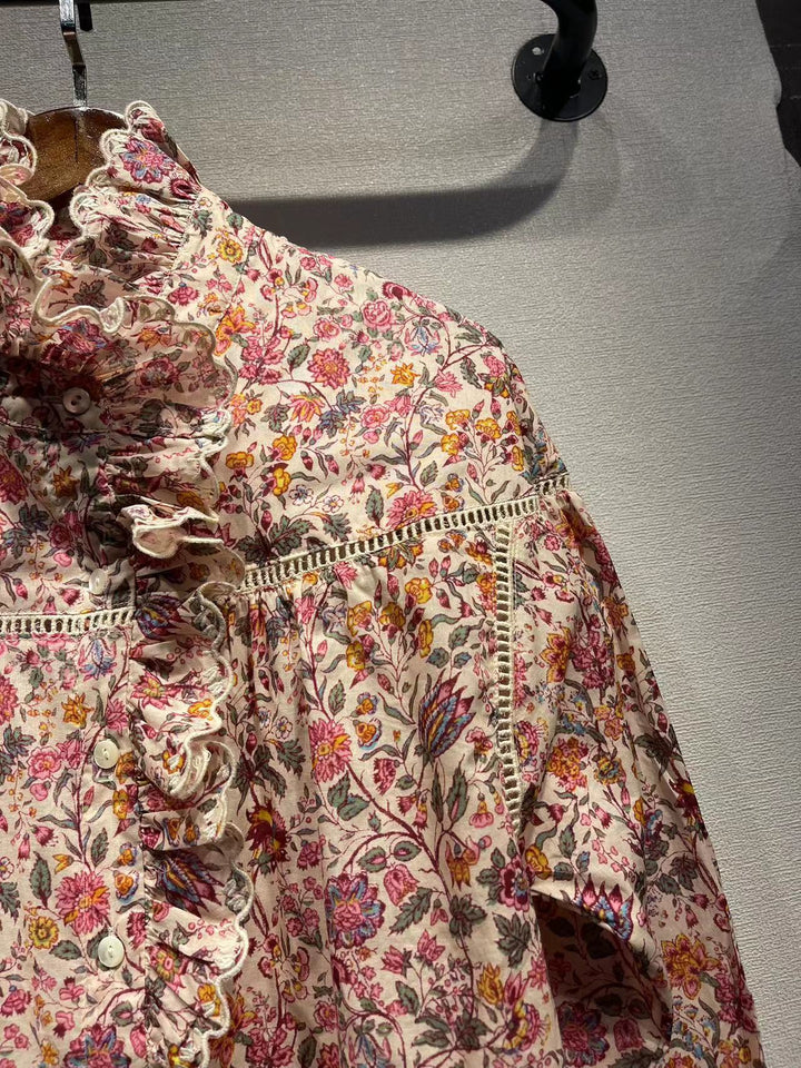 Dame Elegante Bluse med Ruffle detaljer og floral design Stilla