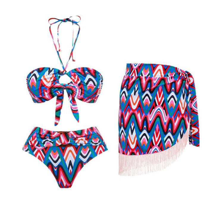 Dame Bikini-sæt med trendy binde mønster og asymmetrisk overkjole Stilla