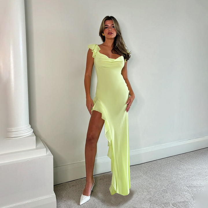 Dame Elegant Maxi-Kjole med asymmetrisk kant og flæsedetaljer Skovae