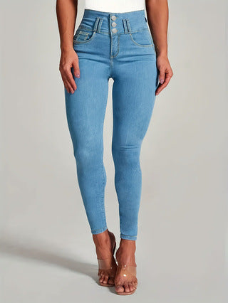 Dame højtaljede skinny jeans med moderne knaplukning og strækbar pasform Stilla