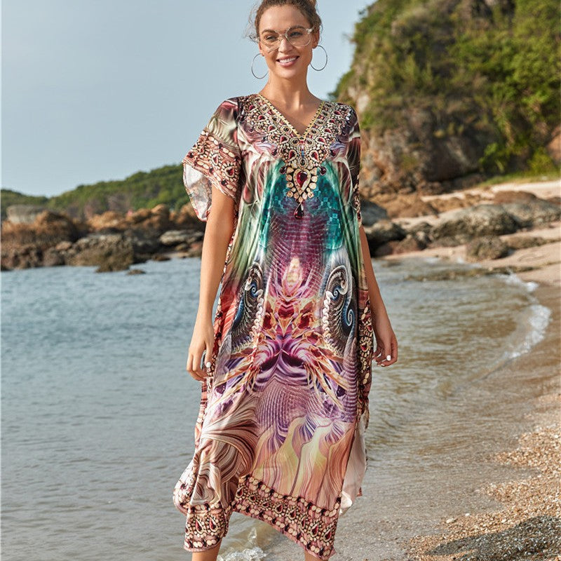 Dame luftig strandponcho med kunstneriske mønstre Stilla